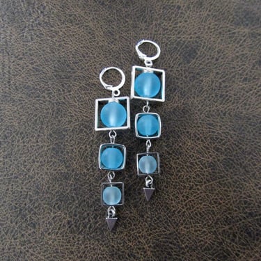 Long blue frosted glass and silver square earrings 