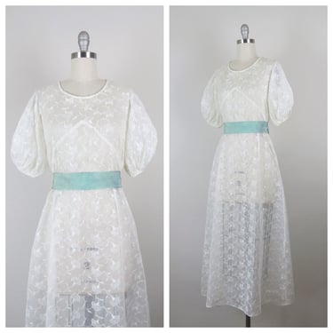 Vintage 1930s dress, puff sleeves, embroidered, organza, size xs 