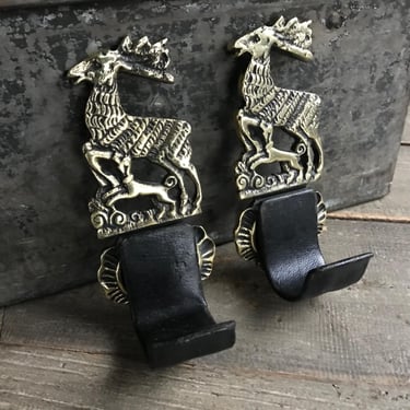 Brass Gun Holder Wall Mounts, Deer Theme, English, Edwardian Era, Black Leather, Set of 2 