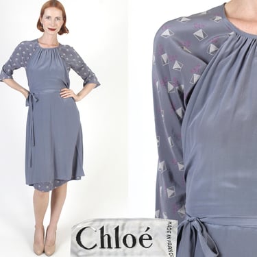 Chloe Silk Designer Dress With Pockets, Vintage 80s Apron Wrap, Upscale Retro Steel Blue Cocktail Dress 