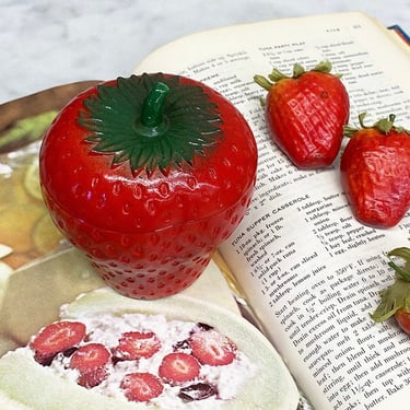 Vintage Strawberry Jar Retro 1940s Farmhouse + Hazel Atlas + Milk Glass + Red and Green + Fruit Decor + Kitchen Storage + Toothpicks + Jam 