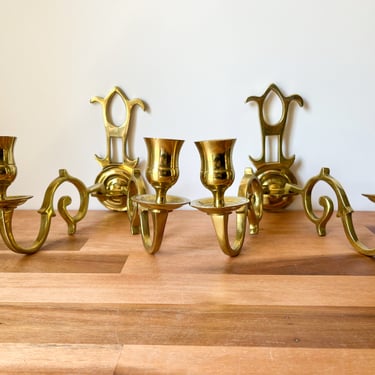 Pair of Solid Brass Vintage Wall Sconces. Two Arm Candle Gold Sconces. Vintage Brass Wall Decor. 