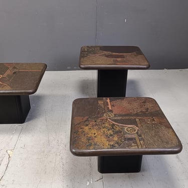 Set of 3 of vintage side tables by Paul Kingma for C. Kneip, 1990 - brutalist table - brutalist design - stone side table - slate side table 