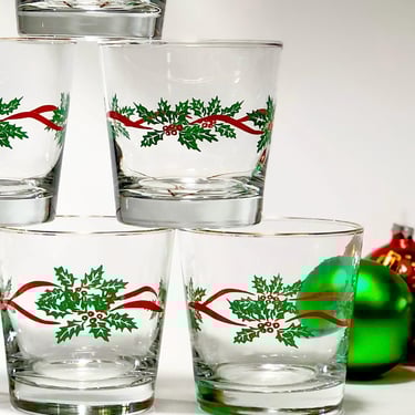 RARE Vintage Libby Christmas Glasses, Lowball Rocks Glasses, Green Holly, Red Ribbon, Set of 4, Christmas Holiday Barware, Gold Rim 