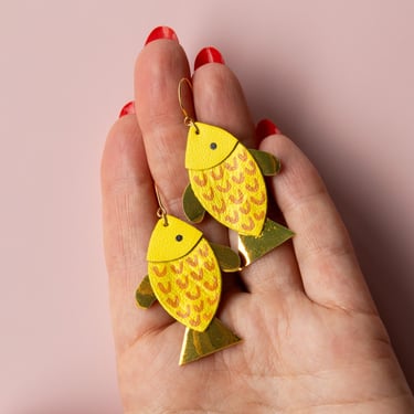Yellow Fish Earrings - Handmade Leather Fish Earrings w/ Iridescent Fins 