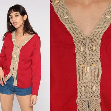 Red Hippie Sweater Macrame Trim 80s V Neck Sweater Boho Pullover Knit Woven Long Sleeve Bohemian Shirt 1980s Vintage Knitwear Large L 