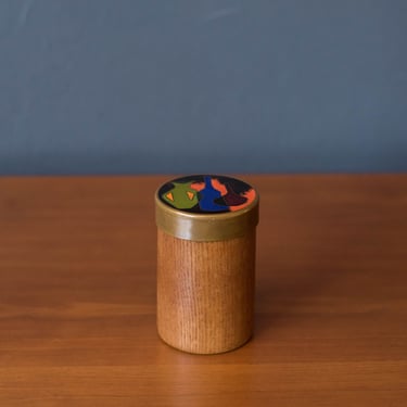 Mid Century Modern Enameled Copper and Oak Jewelry Keepsake Container 
