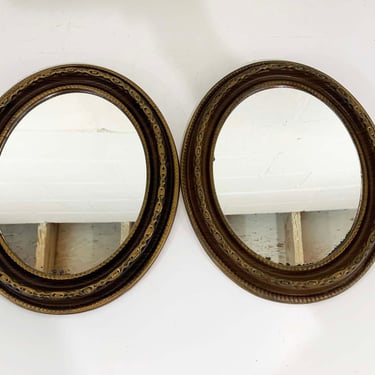 Vintage Mirror Set of 2 Plastic Faux Wood Gold Oval Round Frame Circle Framed Wall Hanging 1980s 80s 1970s 70s Pair 