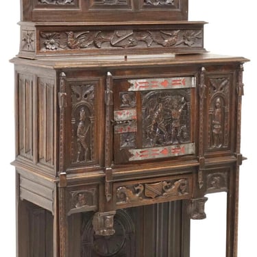 Cupboard, Cabinet, Vestry, Spanish Renaissance Revival, Oak, Crest, 1800s!