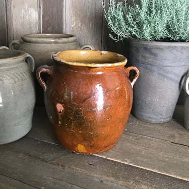French Confit Crock Pot Jar, Terra Cotta Pot, Copper, Ochre Glaze Pottery, French Farmhouse 