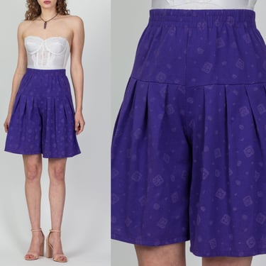 80s Purple Elastic Waist Cotton Long Shorts - Small to Medium | Vintage Honors Sport Retro Geometric Print High Rise Lounge Shorts 