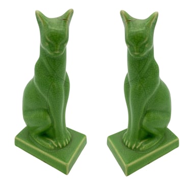 Egyptian Revival Art Deco Green Ceramic Bastet Cat, Pair 