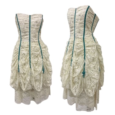 Vtg Vintage 00s Y2K Betsey Johnson Evening Ivory Lace Ruched Teal Velvet Dress 