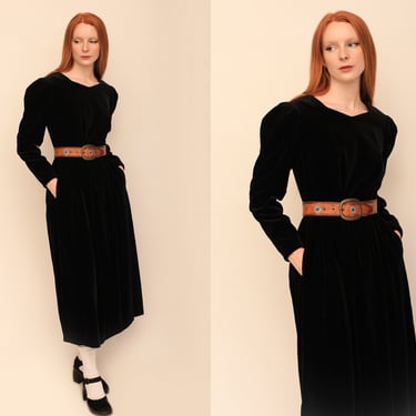 Vintage 1980s 80s Laura Ashley Full Length Midnight Black Velvet Maxi Gown w/ Pouffy Sleeves & Pockets 