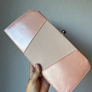 A Pink Canvas - Vintage 1950s 1960s Pink Pearlized & Nubuck Leather Convertible Clutch Handbag Purse 