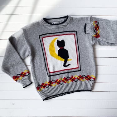cat sweater 80s vintage Beverly Hills Zoo gray crescent moon embroidered sweater 