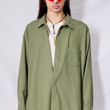Green Houndstooth Suiting Loose Snap Shirt