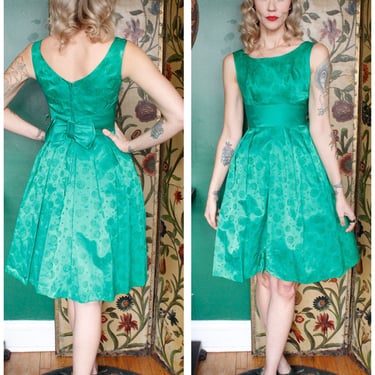 1950s Green Rose Party Dress 