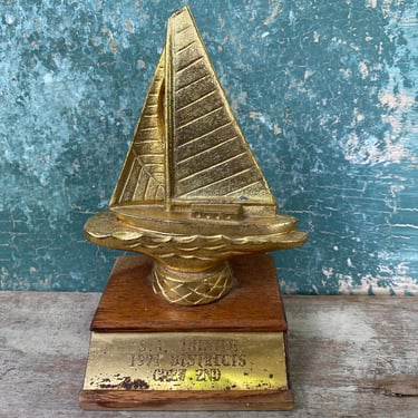 70'a Vintage Sailing Trophy, Gold Tone Metal Sailboat, Dated 1971, Shabby Condition, Tip Broken On Boat, Lake Lanier, Atlanta GA Location 