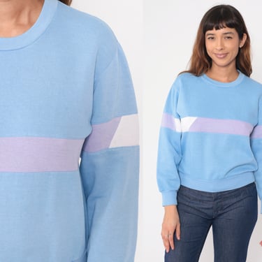 Baby Blue Striped Sweatshirt -- 80s Pastel Sweater Lavender Purple White Stripe Print Slouch Pullover Jumper Crewneck Shirt Vintage Small S 