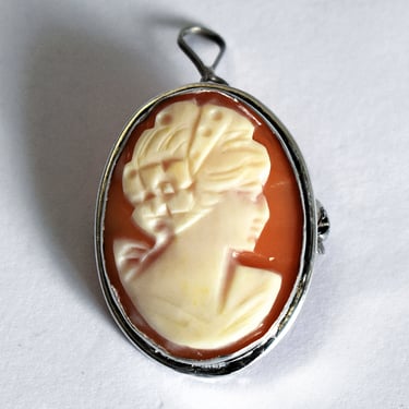 70's Italy cameo 800 silver oval pendant brooch, Florence silver carnelian shell woman's portrait pin 
