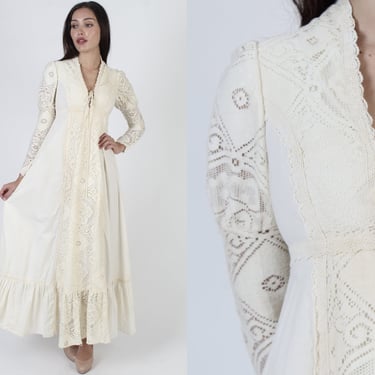 Gunne Sax Sweeping Full Skirt Dress / Vintage 70s Sheer Crochet Sleeves / Renaissance Faire Outfit / Bohemian Prairie Wedding Corset Tie 
