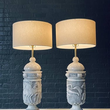 Pair of Monumental Neoclassical Revival Marble Table Lamps w/ Mythological Bas-Relief, c.1960s 
