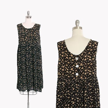 Vintage 90s black floral babydoll midi dress 