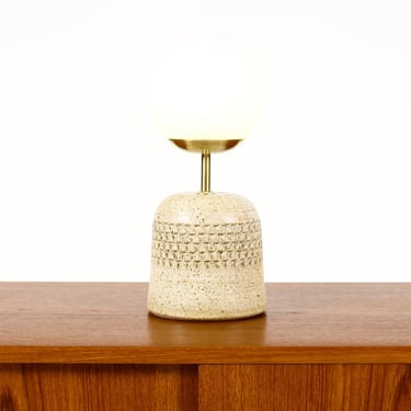Ceramic Stoneware Studio Pottery Table Lamp — Globe shade — Small Delta Pattern — White Glaze — L38 