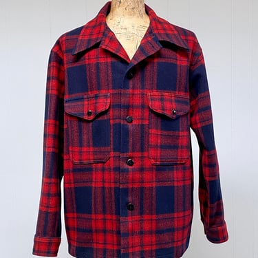 Vintage 1970s PENDLETON Plaid Shirt Jacket, 70s Red Black Thick Wool Trucker Lumberjack Jacket w/ Double Flap Snap Pockets, XL 50" Chest 