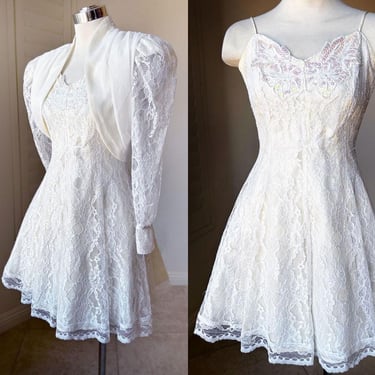 80's White Lace Dress Jacket SET Small Vintage 1980's Bridal Party Dress, Fit & Flare, Full Skirt by L.A. GLO 