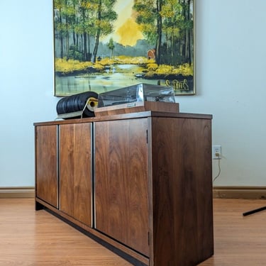 Mid Century Modern Walnut & Chrome Record Cabinet Credenza