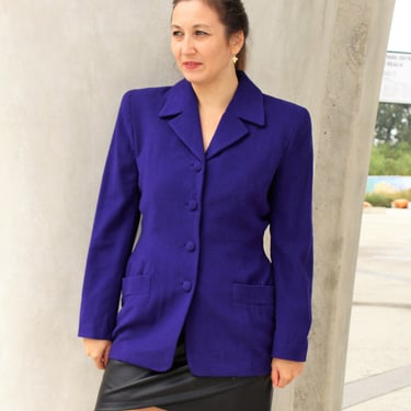 Donna Karan, Vintage 1980s Blazer, Size 8 Women, Purple Wool/Cashmere Blend Jacket 