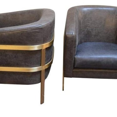 Pair of Distressed Leather Armchairs w/ Brass Frames. Style of Milo Baughman.