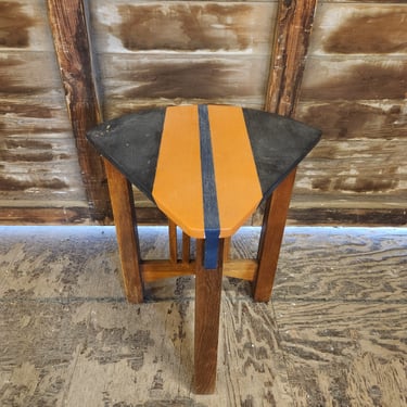 Triangular Wooden Table with Orange Stripes 18.75W x 22.5H x 20.5D