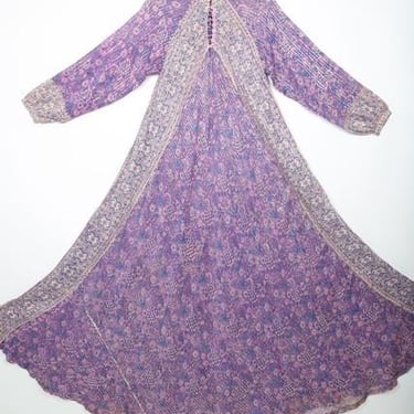 70s Vintage Caftan Kaftan Maxi Dress Sheer Cotton Gauze Purple Boho Bohemian Hippy Festival Coachella Floral Block Print 