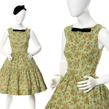 Vintage 1950s Dress | 50s Floral Striped Cotton Rayon Green Tiered Circle Skirt Sleeveless Fit and Flare Swing Sundress (small) 