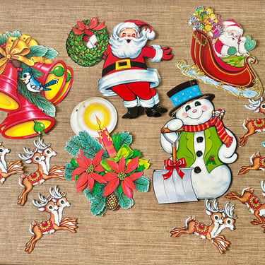 Vintage Beistle 15 Piece Christmas Cutout Decorations - Santa, Sleigh, Reindeers, Bells, Candles, Snowman 