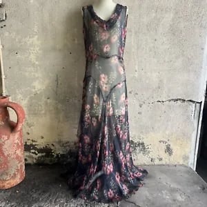 Vintage 1930s Blue & Pink Floral Print Silk Chiffon Bias Cut Dress Gown Vintage