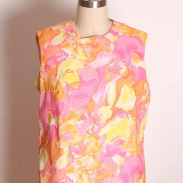 1960s Pink and Yellow Abstract Swirl Sleeveless Shift Dress -M 