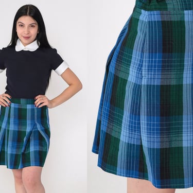 School Girl Skirt Y2k Plaid Mini Skirt Blue Green Checkered Pleated Tartan High Waisted Uniform Academia Preppy Lolita Vintage 00s Medium M 