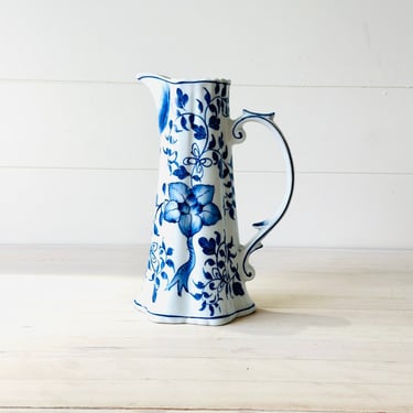 Andrea By Sadek 8 Inch Tall Slender Blue & White Hand Painted Porcelain Pitcher 