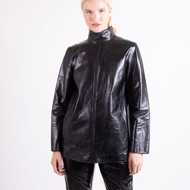 Vintage 1990s Emanuel Ungaro Shiny Leather Black Longline Zip FrontBlazer Y2K 90s Trench Jacket sz S M L Mock Neck Minimal Rave 