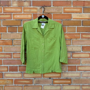 vintage 90s brat green silk button down blouse / s small 