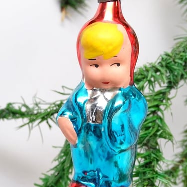 Antique  Russian Boy Hand Painted Glass Christmas Ornament, Vintage Holiday Tree Decor 