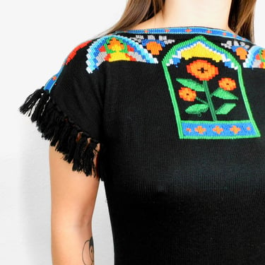 Knit Sweater Blouse // vintage boho hippie floral space dye hippy tunic mini dress black 70s 1970s 1970's 70's // S Small 