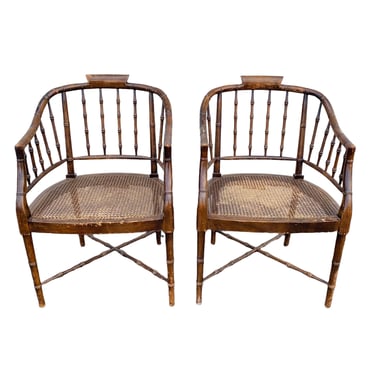 Set of 2 Vintage Chinoiserie Barrel Arm Chairs by Century Furniture with Faux Bamboo Wood & Rattan Cane - Chippendale Hollywood Regency Pair 