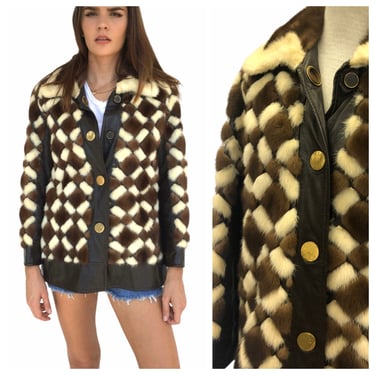 Vintage VTG 60s 1960s Diamond Pattern Patchwork Blonde and Brown Mink Fur and Leather Jacket Coat 