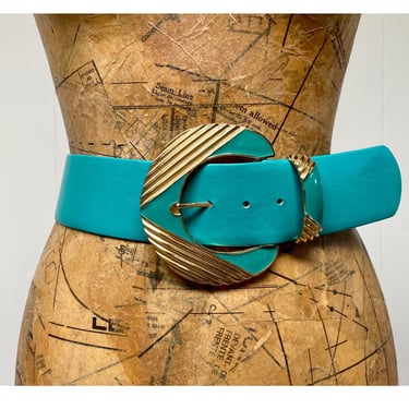 Vintage 1980s ST JOHN Turquoise Leather Statement Belt with Large Gold Tone Metal Buckle, Fits 27 to 30" Waist, VFG 