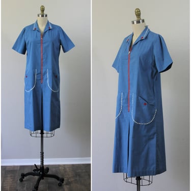 Vintage 50s 60s Nancy Frock Blue ric rack zip front pocketed day Dress  // Modern Size Medium 6 8 // mid century housewife 
